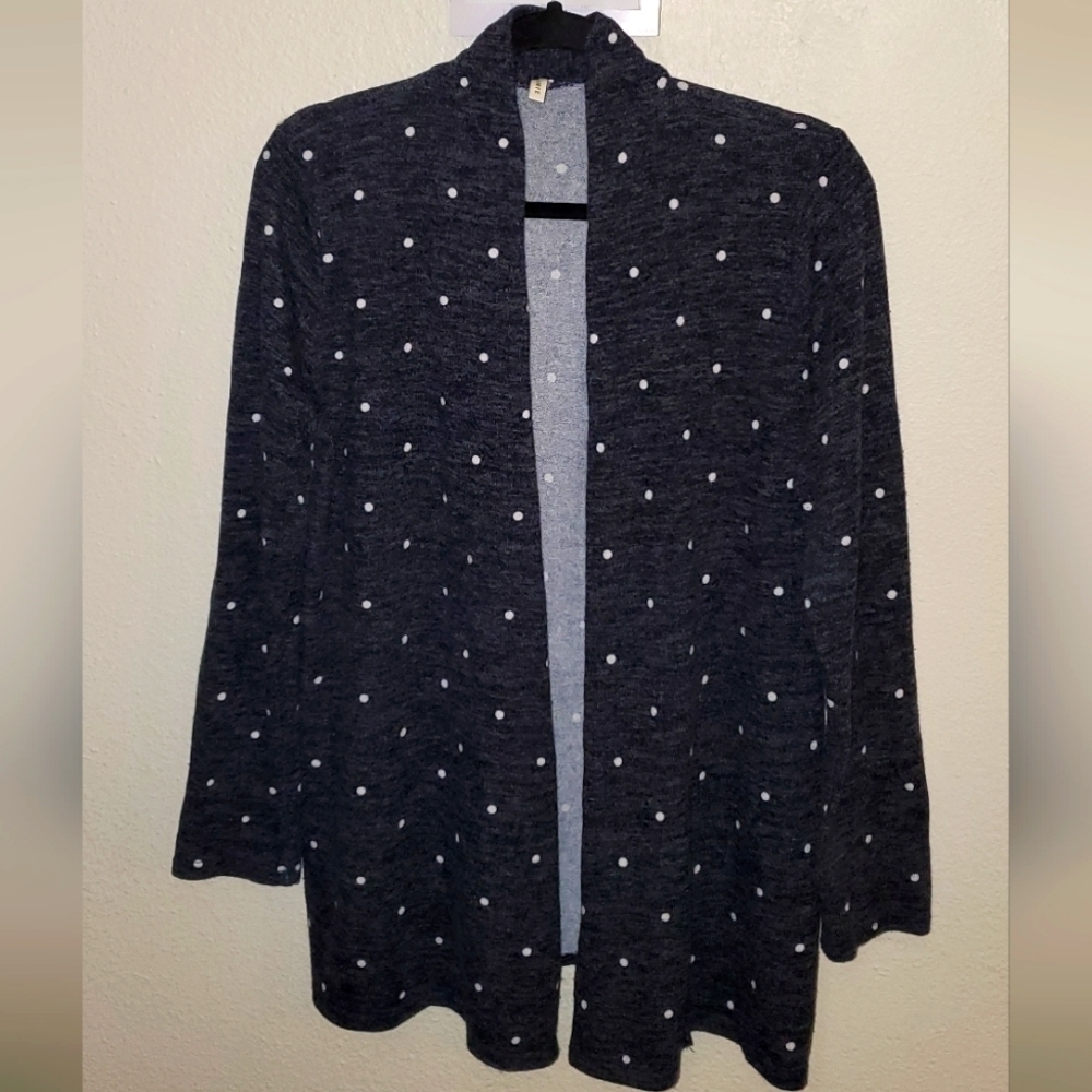 Bellamie XL gray with white polka dots and elbow patches open front cardigan